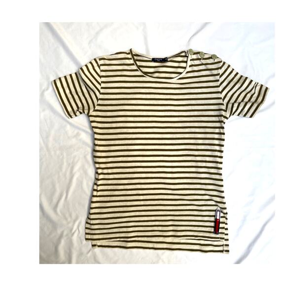 Carine Paris Cream Green Olive Striped Tee Top, Nautical Sailor, Small - Picture 1 of 4